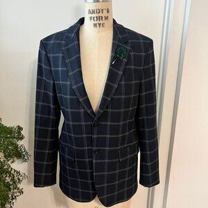 NWOT Men's ZARA Plaid Navy Blazer with Green Carnation Pin Size 38 (M)